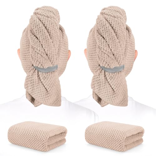 Image of 2 Pack Microfiber Hair Towel - 41 x 24 inches Super Soft, Absorbent, Fast Drying Without Frizz Hair Towel Wrap for Women Long, Thick, Curly Hair - Hair Turbans with Elastic Strap