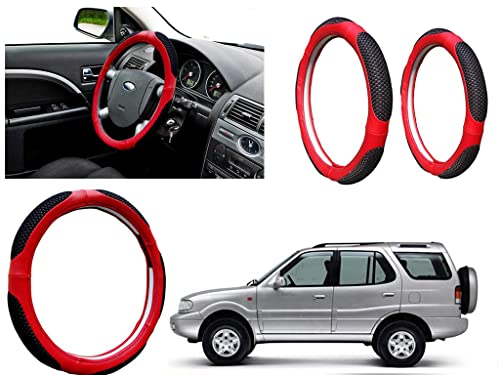 Image of Microfiber Car Steering Wheel Cover, Soft Padding Great Hand Feel, Anti-Slip, Faux Leather Steering Cover for Tata Safari | Black Red Jali - Pack of 1