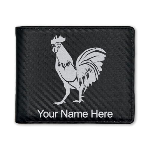 LaserGram Faux Leather Bi-Fold Wallet, Rooster, Personalized Engraving Included (Carbon Fiber Black with Silver)