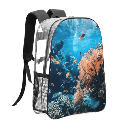 Coral Reef Print Work Travel Stadium Events Transparent Backpack PVC Clear Bag Large Side Pockets3