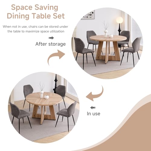 Image of 47 inch Round Dining Table Set for 4, Kitchen Table and Chairs | Wooden Cross Base, Boucle Fabric Chair, for Apartment
