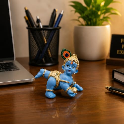Image of Gold Art India 24K Gold Plated Blue Terracotta Laddu Gopal Idol (2.5 Inch) with Premium Velvet Gift Box | Makhan Chor Bal Krishna Murti for Home Temple, Car Dashboard, Office Desk & Spiritual Gift