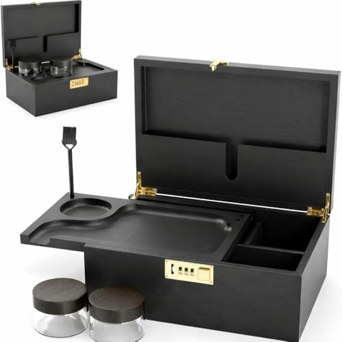 UkGlass Large Bamboo Wooden Stash Box with combination Lock, Rolling Tray and Glass Storage Jars - Wood Storage Rolling Set with Lock and Smoking Accessories Kit (Black Wooden Stash Box)