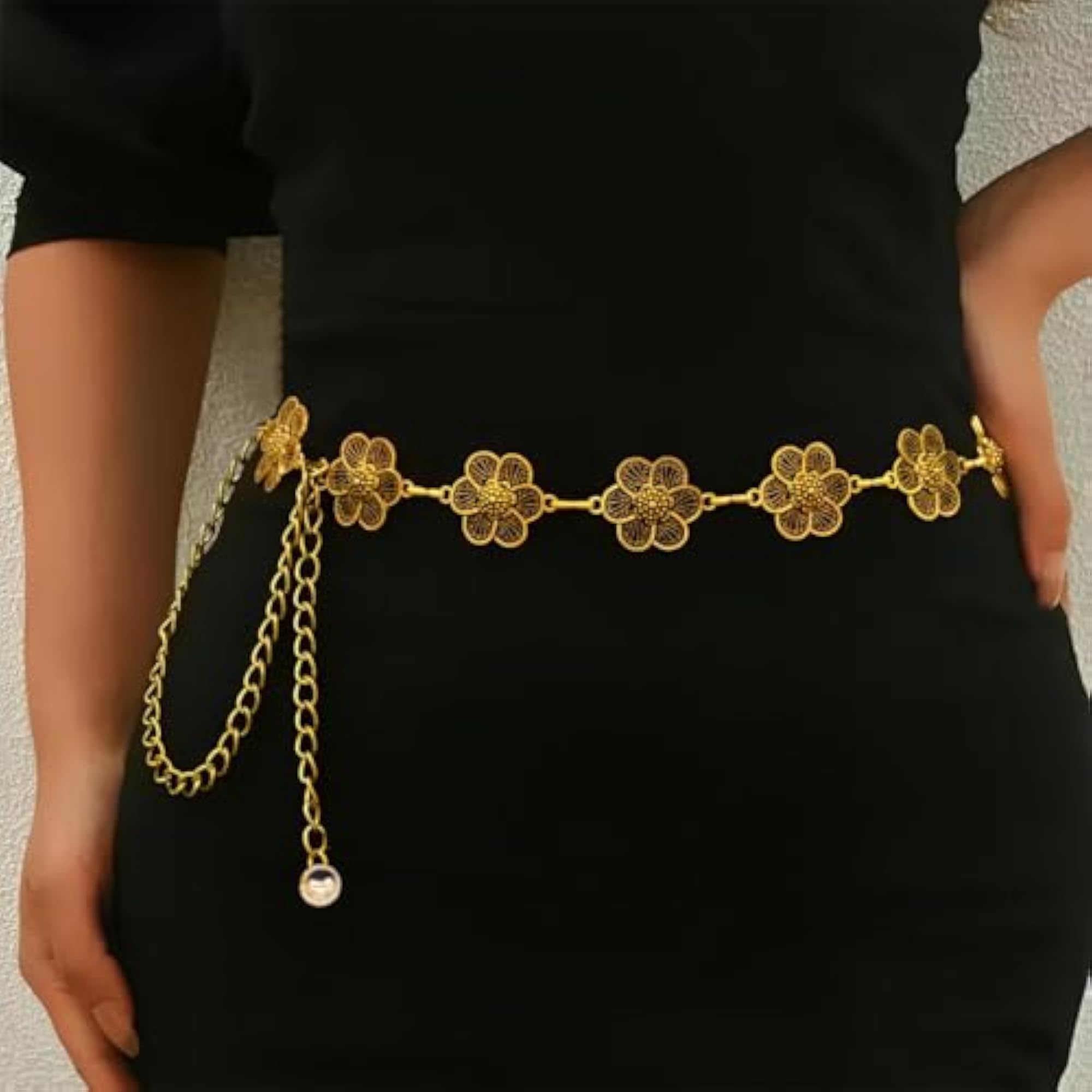 Women's Antique Floral Pattern Adjustable Waist Chain, Gold
