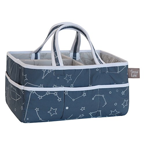 Image of Galaxy Storage Caddy-Constellation Print Body and Handles, Rocket Ship Print Lining, Solid Trim, Dark Blue, Tonal Gray and Wht, Two Handles, 12 in x 6 in x 8 in