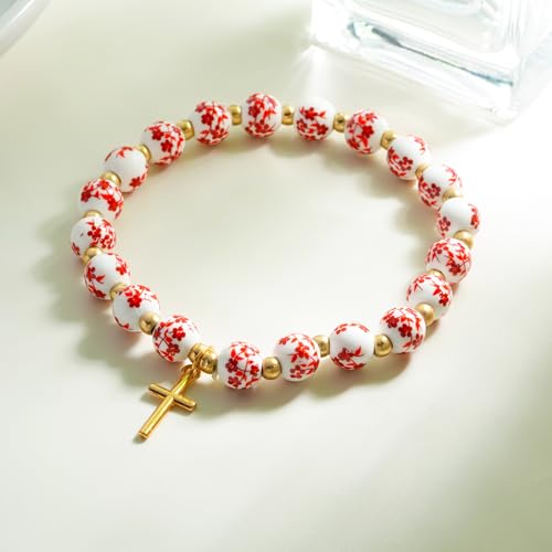 Cross Charm Bracelet for Women,Flower Floral Antique Vintage Bracelet Beaded and Cross Stretch Bracelet Aesthetic Religious Christian First Communion Baptism Confirmation Gifts Jewlery Gifts4