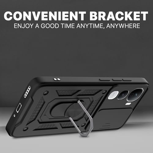 Image of Pikkme Back Cover for Vivo Y400 5G | 360 Protection Case | Sliding Camera Shield Cover & Ring Holder Stand D10 Tough Armor Bumper Case (Black)