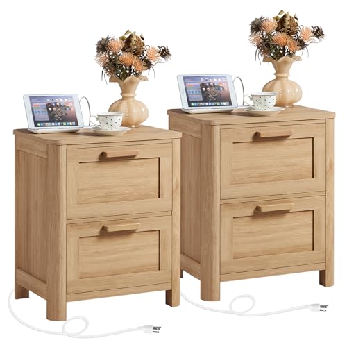 Image of Joaxswe Farmhouse Night Stand Set of 2 with Charging Station, Natural | Bedside Tables Set of 2 for Bedroom with 2 Deep Drawers & 4 Noise-Reducing Feet & Rounded Corners
