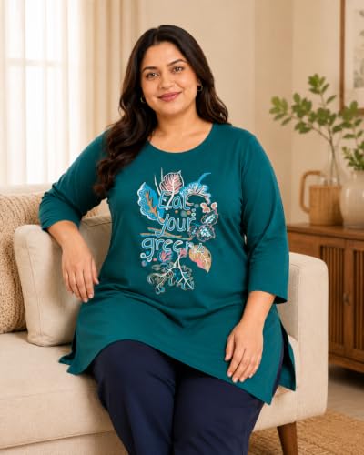 Image of RYSH Women's Plus Size Printed Nightshirt | Round Neck | 3 /4 Sleeve | Relaxed Fit Long Nightwear Top |