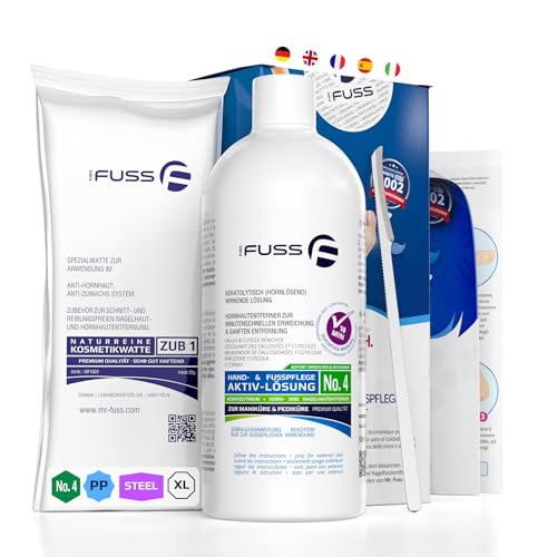 Mr. Fuss No. 4 - Plus Pack Steel - Groß Nagelhaut- Hornhautentferner Sparpaket 3 tlg. Aktiv-Lösung Schnell erweichend - 500 ml Watte Edelstahl-Schaber