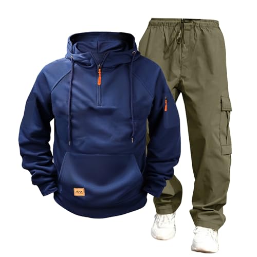 Men's Quarter Zip Hoodie 2 Pieces Set Casual Long Sleeve Sweatshirts Military Outdoor Hooded Sweatshirt with Pocket2