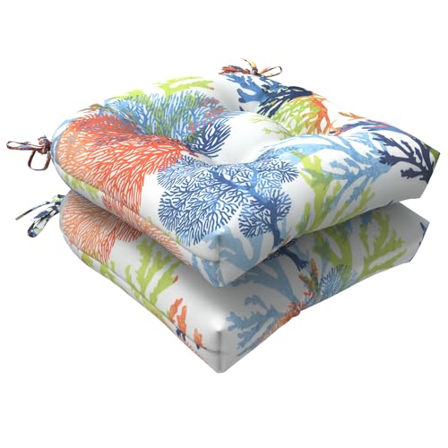 LVTXIII Outdoor Seat Cushions Seasonal Tufted Chair Cushions, Patio Chair Pads for Dining Chairs, Office Armchairs and Garden Furniture Decoration (Round Back, 19”x19”x4”, Coral Multi, 2 Pack)