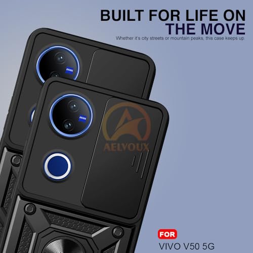 Image of Armor Bumper Back Cover Case for Vivo V50 /V50e /Vivo T4R /V50 Elite Edition /iQOO Z10R 5G Rotating Camera Cover, Ring Holder & Kickstand | Heavy Duty & 360 Degree Protection Back Cover (Black)