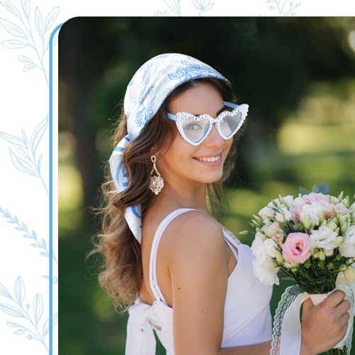 Bride Bandana and Blue Heart Sunglasses Set, Bride to Be Head Scarf Headband Something Blue Bachelorette Party Decorations Favors Accessories Bridal Shower Wedding Bridesmaid Gifts3