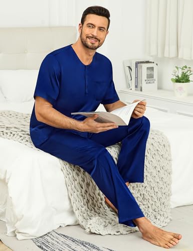 SWOMOG Mens Satin Pajama Sets 3 Pieces Silky Sleepwear Classic Short-Sleeve Pjs Sets Long Pants & Shorts with Pockets4