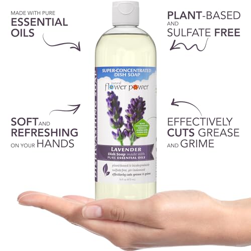 Image of Natural Flower Power Liquid Dish Soap | Lavender 16 Fl Oz | Pack of 3 | Plant-Based & Scented w / Pure Essential Oils | Natural Liquid Dishwashing Detergent | Sulfate-Free Kitchen Soap | Vegan