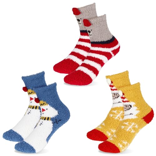 Image of Abeillo 3 Pairs Christmas Fluffy Socks for Women Girls - Soft Cozy Slipper Socks, Winter Warm Home Sleeping Socks, Mid-Calf Coral Fleece, Don't Shed Lint, Size 4-9