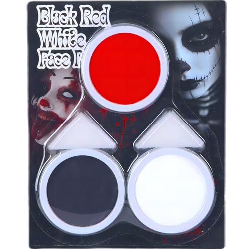 Pintura facial e corporal preta + branca + vermelha, pintura facial para Halloween, conjunto de pintura facial e corporal branca, preta e vermelha, kit de maquilhagem SFX para cosplay para Halloween