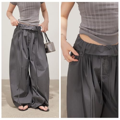 Womens Y2K Baggy Casual Parachute Pants High Waist Wide Leg Straight Draped Streetwear Gray Trousers3