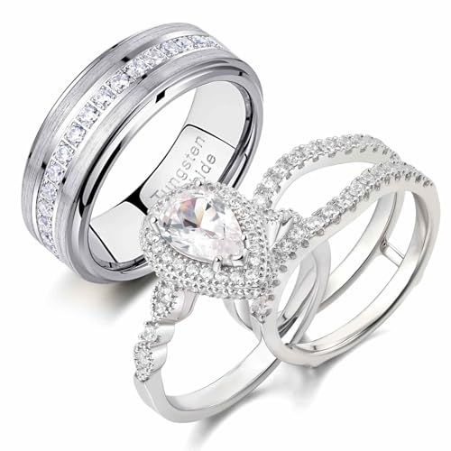 Newshe Jewellery Wedding Rings Set for Him and Her Teardrop Womens Bridal Set Sterling Silver Engagement Ring for Couples Tungsten Mens Bands Promise Anniversary Size 10&8