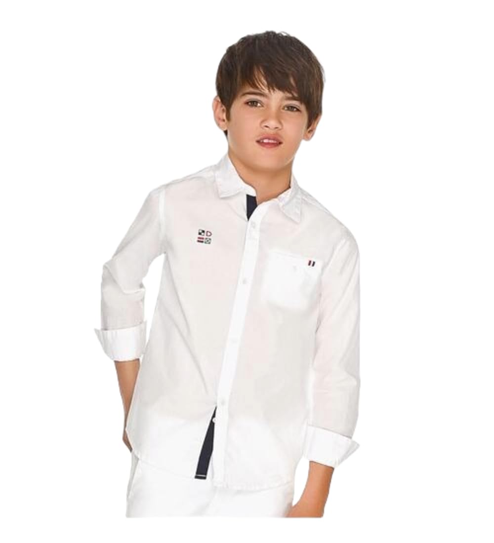Mayoral Camicia Bianca Slim Fit per Bambino 8-16 Anni a Maniche Lunghe – Modello 6133 Elegante con Ricami Nautici, Perfetta per Cerimonia e Occasioni Speciali
