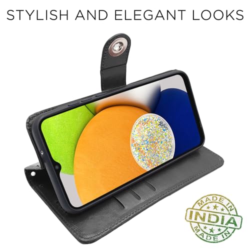 Image of Pikkme Samsung Galaxy A03 Flip Cover Leather Finish | Inside TPU with Card Pockets | Wallet Stand and Shock Proof | Complete Protection Button Flip Case (Black)