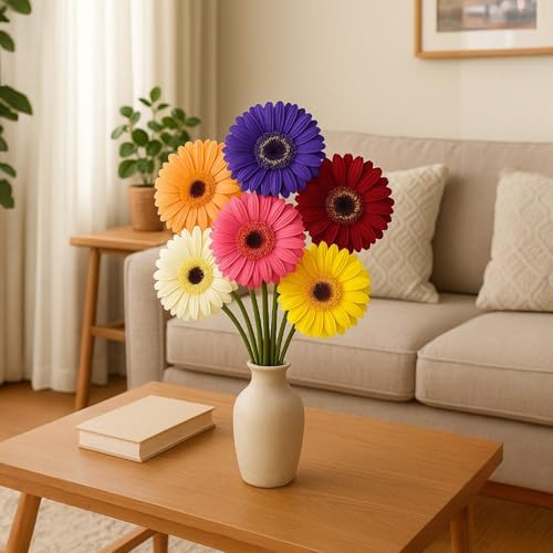 Image of Garden Art Artificial 5 Pcs Gerbera Flower Sticks, 33 cm, RealTouch Natural Looking | Silicone Decorative Bunch for Home GAAGFB-1H-33R (Red)