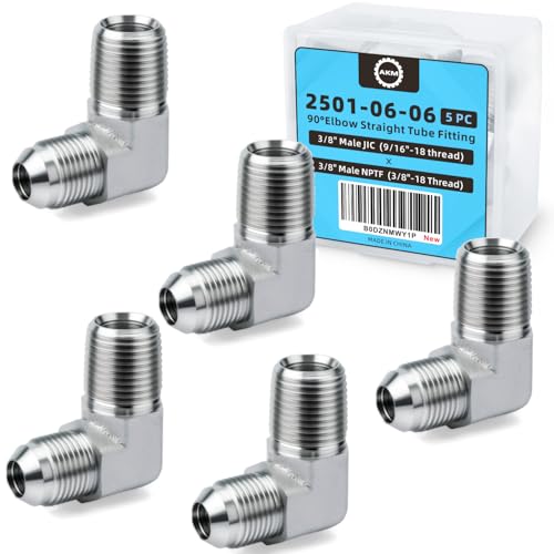 Image of 90 Elbow Straight Hydraulic Hose Adapter Fittings, 2501-06-06 3 /8 inch9 /16-18 Tube OD JIC Male x 3 /8-18 NPTF Male Connectors x 5 pack