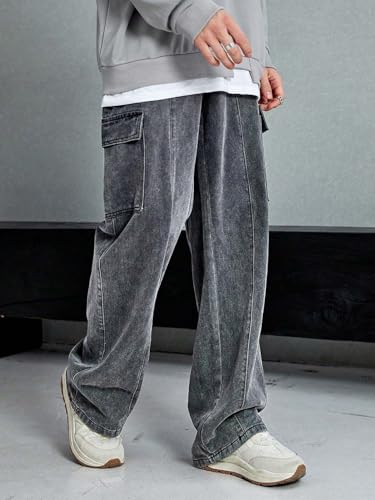 Image of KOTTY Men's Baggy Straight Fit Denim Jeans Washed Wide Leg Urban Fashion Comfortable Trendy Style
