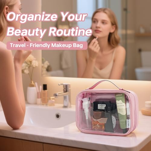Clear Makeup Bag Toiletry Bag for Women 4 Compartments Travel Cosmetic Case Large Capacity Waterproof Skincare Pouch Organizers with Zippe Deep Pink3