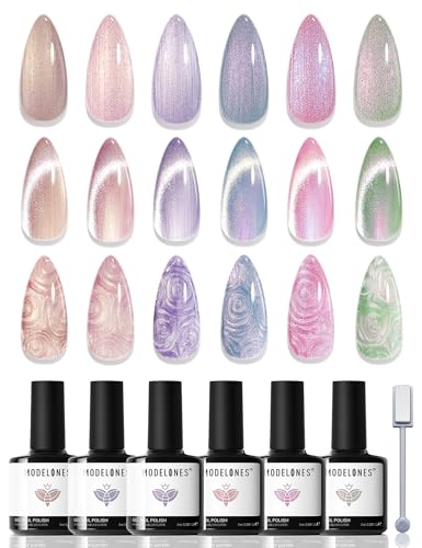 modelones Cat Eye Gel Nail Polish, 6 Colors Shimmer Pearl Magneti...