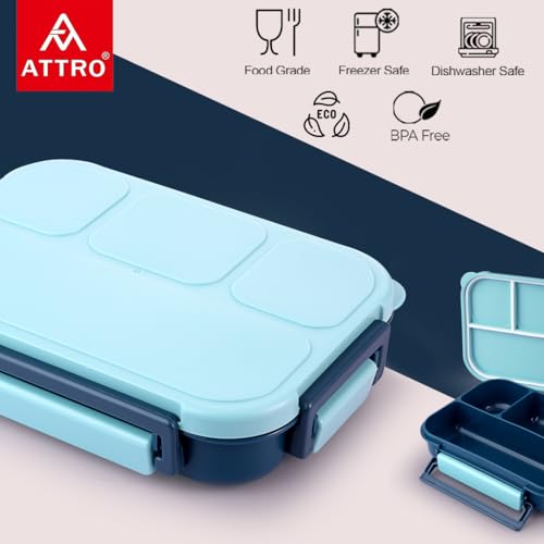 Image of ATTRO Gourmet 4 Compartment Lunch Box Portable Meal Organizer for Office, School BPA-Free, Food Grade, Freezersafe, Microwave & Oven Safe 1000ml Blue, Plastic