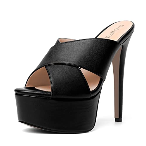 SHOWFOREST Womens Platform Matte Party Sexy Solid Round Toe Slip On Stiletto High Heel Heeled Sandals 6 Inch