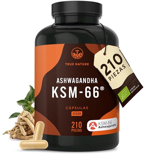 KSM-66 Ashwagandha ecológica – 210 cápsulas (Formato ahorro) – Alta potencia 600 mg – Withania somnifera (Ginseng indio auténtico) – Vegano – TRUE NATURE