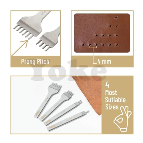 Image of Leather Stitching Punch 4 Pack 4mm | 1 /2 /4 /6 Prong Leather Stitch Punching Chisel Set | Diamond Tip Leatherfork Punch | Leathers Hole Punchs Tool for Sewing, DIY Craft, Wallet, Belt
