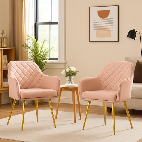 Image of Set of 2 Accent Chair for Living Room | Modern Armchair in Soft Velvet Fabric with Sturdy Legs | Premium Chair for Home Living Room Bedroom Restaurent | (Gold Legs, Pink Burfi Design)