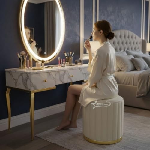 Image of Upholstered Round Linen Strip Stool Living Room Foot Rest Office Stool Pouf Ottoman Padded Seat - Cream