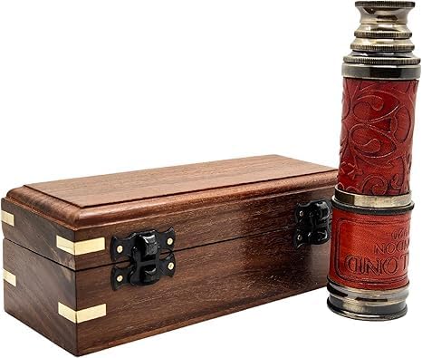 Vintage Brass Telescope with Decorative Red Leather Case Wooden Storage Box