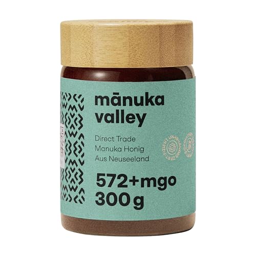 MANUKA VALLEY – Manuka Honig mit 572+ MGO im Glas. 300 g. Laborgeprüft und zertifiziert – 100 % natürlicher Manuka-Honig aus Neuseeland. Karamelliger Manukahonig mit feinem, erdigem Nachgeschmack