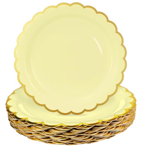 Image of HEIPINIUYE 50 Pieces Yellow Paper Plates with Gold Foil 9 Inch Disposable Yellow Scalloped Dinner Plates for Wedding Baby Shower Birthday Party