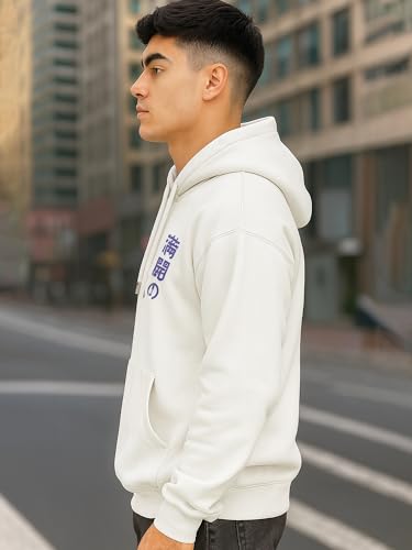 Image of Jump Cuts Mens Japanese Words Printed Hooded Neck Full Sleeve Cream Sweatshirt for Men
