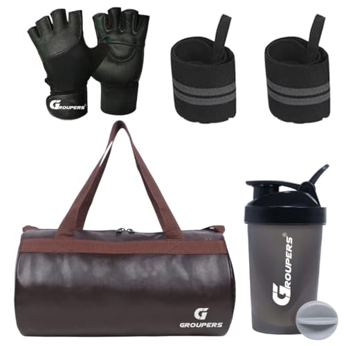 GROUPERS Combo Set of PU Leather Duffle Gym Bag with Gloves, Wris...