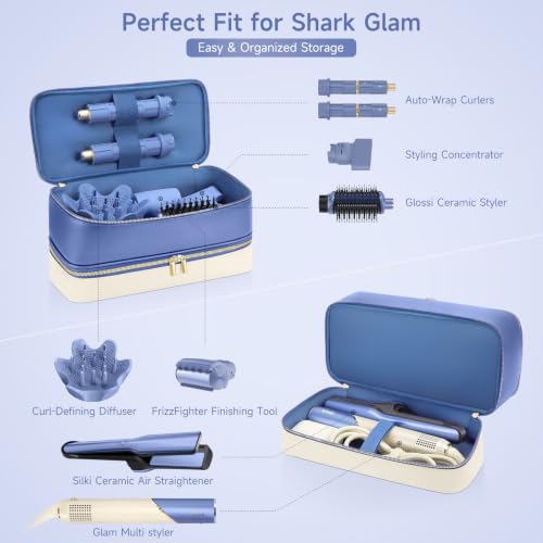 Image of Travel Hair Dryer Case for Shark Glam, Portable Hair Tools Bag for Shark FlexFusion, Double-Layer Carrying Case for FlexStyle Blow Dryer, Silki & Glossi Attachment Holder (Periwinkle&Buttercream)