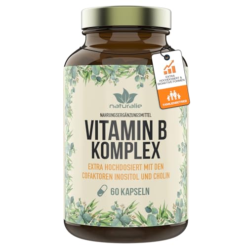 naturalie® - Vitamin B Komplex Kapseln | hochdosiert mit allen bioaktiven B-Vitaminen + Cofaktoren (Cholin, Inositol) | schadstoffgeprüft | ohne unnötige Zusatzstoffe | 60 Kapseln im Braunglas