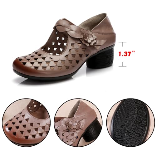 Women's Leather Hollow Out Mary Jane Chunky Heel Pumps,Casual Closed Round Toe Hook & Loop Low Heel Dress Shoes,Comfort Flower Block Heel Sandals2