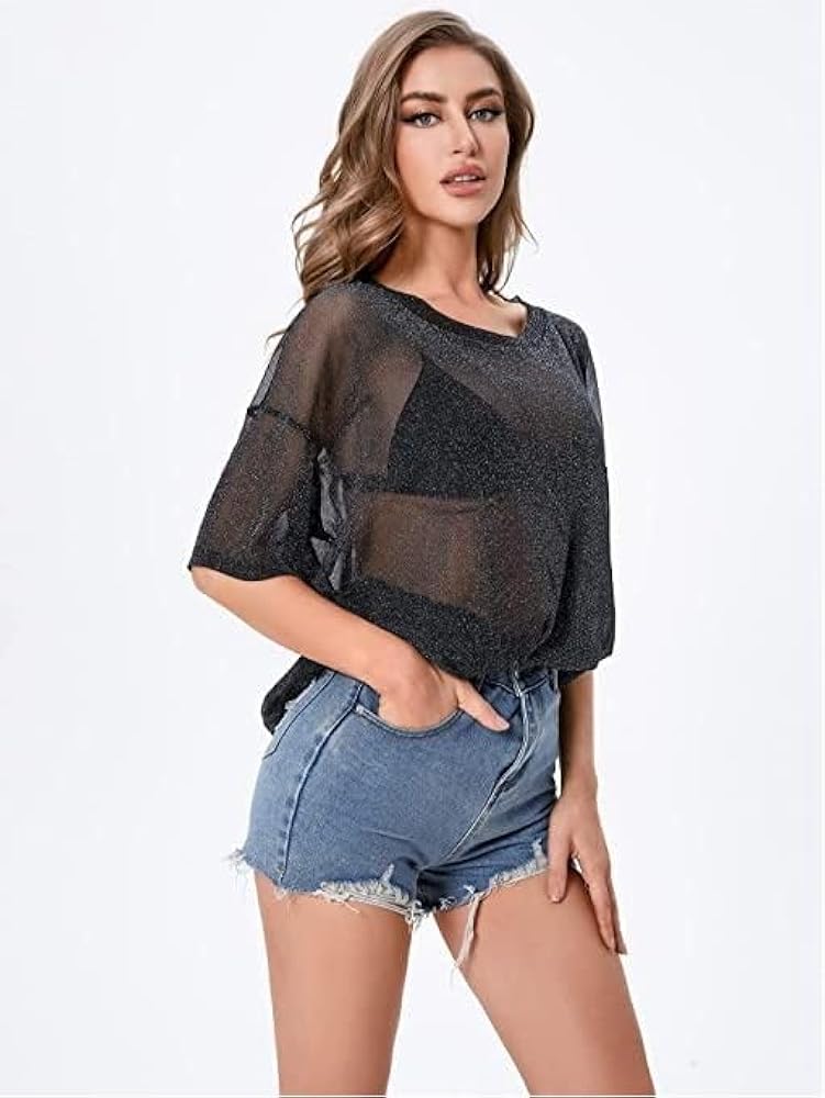 Praying ／ sheer top Glitter See Through Tops Women: Sheer Mesh Short Sleeve