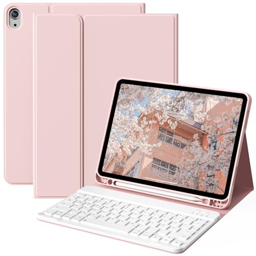 ZOYU Hülle mit Tastatur für iPad Air 11 Zoll M3/M2 (2025/2024), iPad Air 5./4. Generation (2022/2020) 10,9 Zoll, Abnehmbare kabellose Tastaturabdeckung mit Stifthalter, Auto Sleep/Wake, Rosa