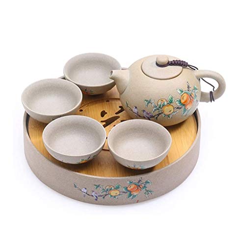 SASAMM Porcelain Teapot Set-Ceramic Tea Set with 1 Teapot,4 Teacups and 1 Tea Tray ?Portable Travel All in One Gift Bag for Outdoor Picnic Business Hotel