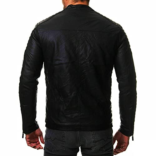 Lbskux Men Simple Faux Leather Jacket Zip-Up Stand Collar Button Motorcycle Lightweight Aviator Jackets Slim Warm Bomber Outwear Black #TOP4