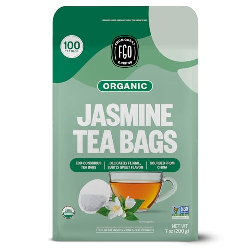 Image of FGO Organic Jasmine Green Tea, 100 Count, Eco-Conscious Tea Bags, Resealable Bag, Packaging May Vary (Pack of 1)